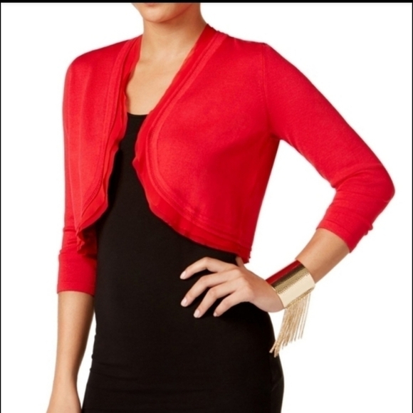 𝅺Thalia Sodi Chiffon Trim Bolero 3/4 Sleeve Cardigan Sweater - Picture 1 of 6